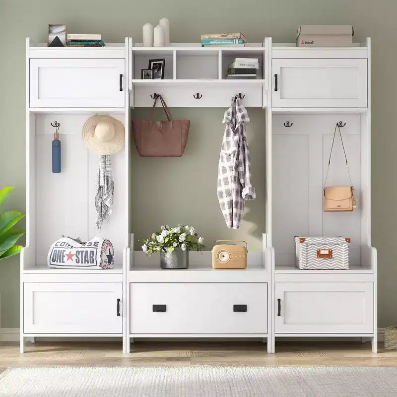 Okak Modern Multifunction Coat Rack with 7 Metal Hooks, Hall Tree with Entryway Bench and Ample Storage Drawer, Coat Stand for Bedroom, White