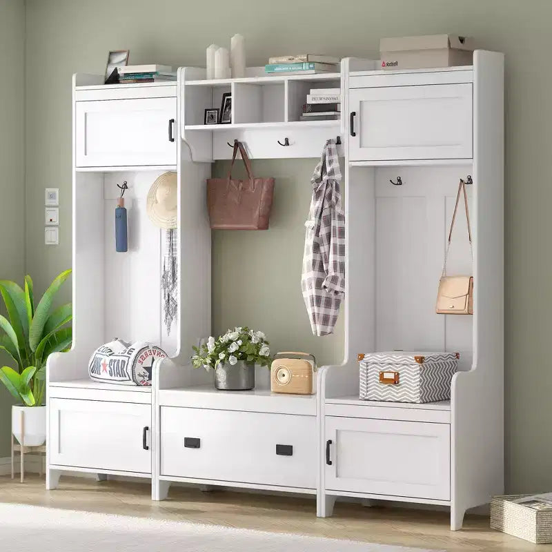 Okak Modern Multifunction Coat Rack with 7 Metal Hooks, Hall Tree with Entryway Bench and Ample Storage Drawer, Coat Stand for Bedroom, White
