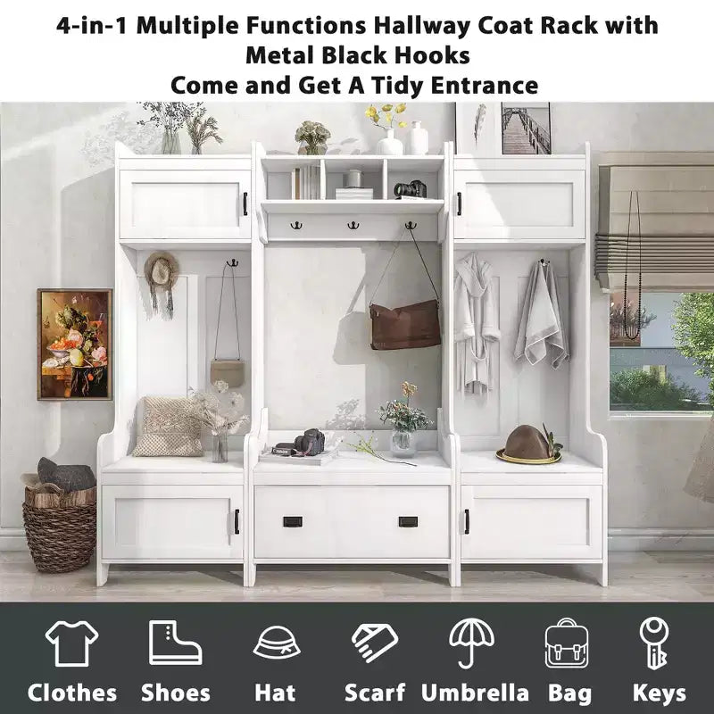 Okak Modern Multifunction Coat Rack with 7 Metal Hooks, Hall Tree with Entryway Bench and Ample Storage Drawer, Coat Stand for Bedroom, White