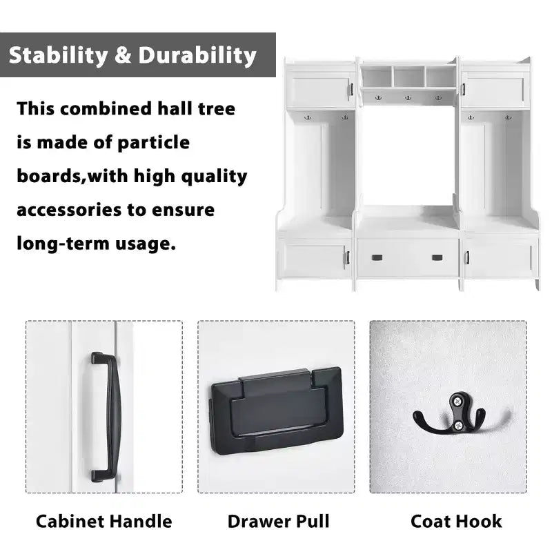 Okak Modern Multifunction Coat Rack with 7 Metal Hooks, Hall Tree with Entryway Bench and Ample Storage Drawer, Coat Stand for Bedroom, White