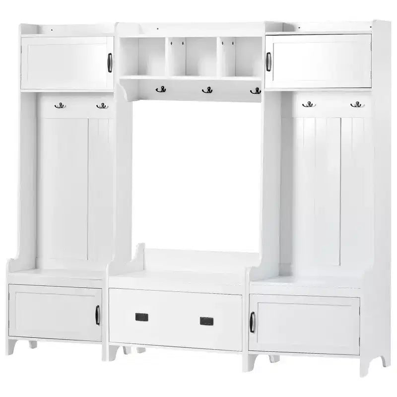Okak Modern Multifunction Coat Rack with 7 Metal Hooks, Hall Tree with Entryway Bench and Ample Storage Drawer, Coat Stand for Bedroom, White