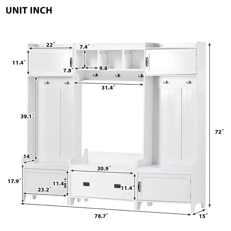 Okak Modern Multifunction Coat Rack with 7 Metal Hooks, Hall Tree with Entryway Bench and Ample Storage Drawer, Coat Stand for Bedroom, White