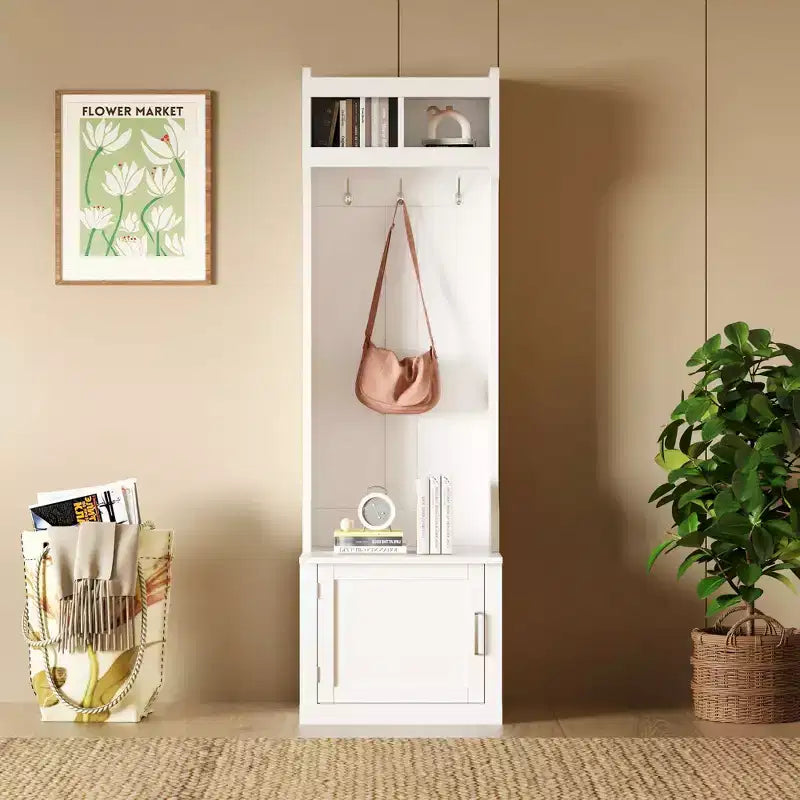 Okak Minimalist Slim Hall Tree with 6 Hanging Hooks and Cabinet, Coat Rack with Storage Bench, Coat Tree for Living Room, Hallway, White