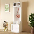 Okak Minimalist Slim Hall Tree with 6 Hanging Hooks and Cabinet, Coat Rack with Storage Bench, Coat Tree for Living Room, Hallway, White