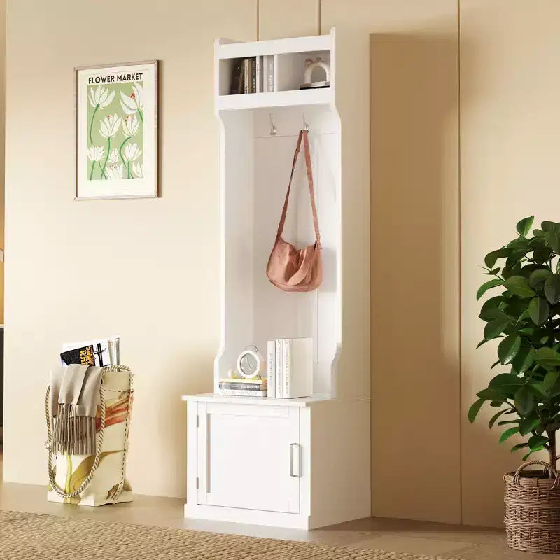 Okak Minimalist Slim Hall Tree with 6 Hanging Hooks and Cabinet, Coat Rack with Storage Bench, Coat Tree for Living Room, Hallway, White