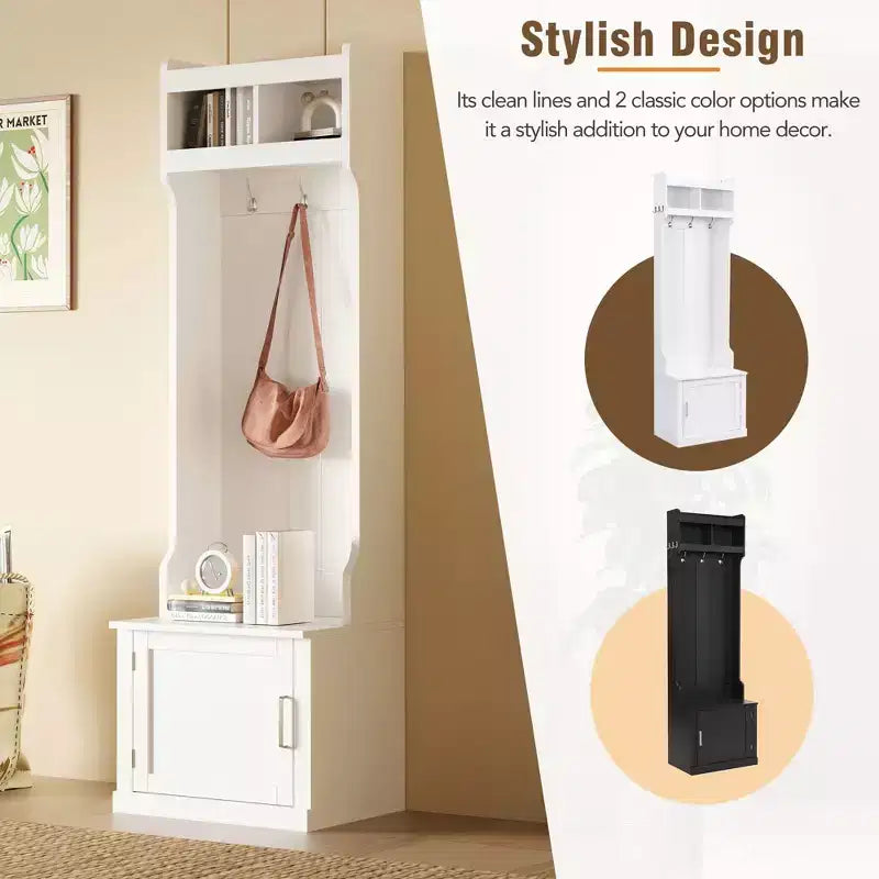 Okak Minimalist Slim Hall Tree with 6 Hanging Hooks and Cabinet, Coat Rack with Storage Bench, Coat Tree for Living Room, Hallway, White