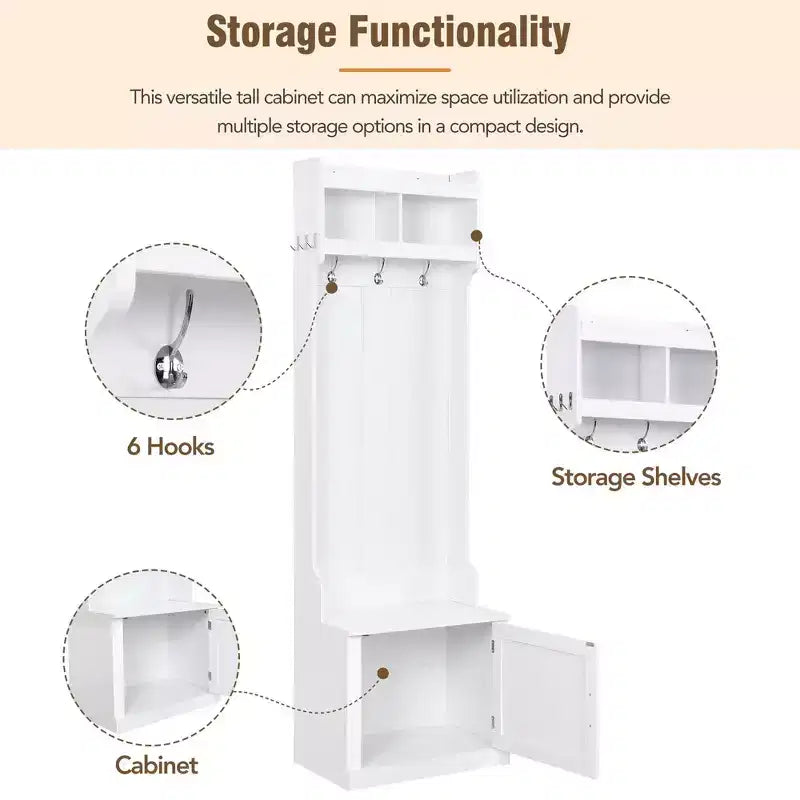 Okak Minimalist Slim Hall Tree with 6 Hanging Hooks and Cabinet, Coat Rack with Storage Bench, Coat Tree for Living Room, Hallway, White