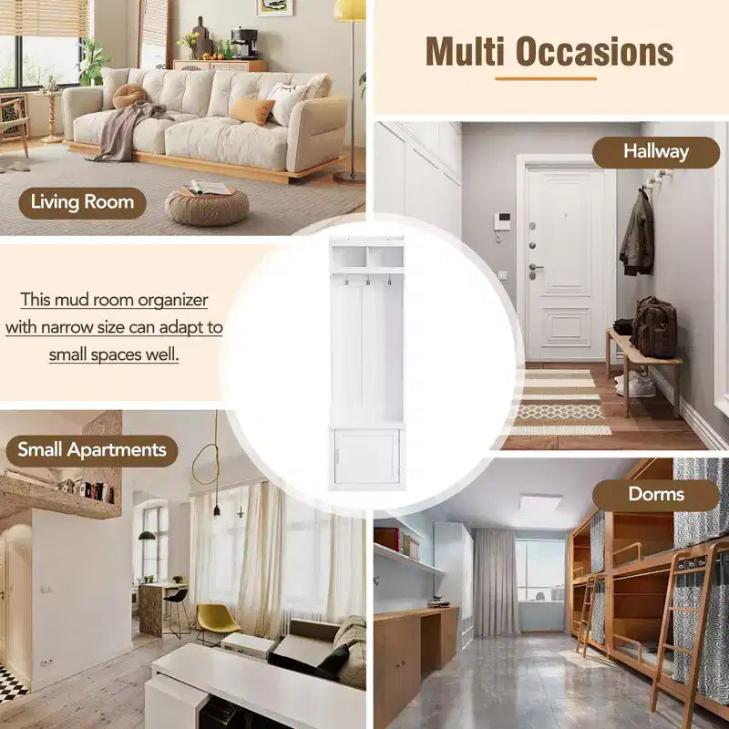 Okak Minimalist Slim Hall Tree with 6 Hanging Hooks and Cabinet, Coat Rack with Storage Bench, Coat Tree for Living Room, Hallway, White