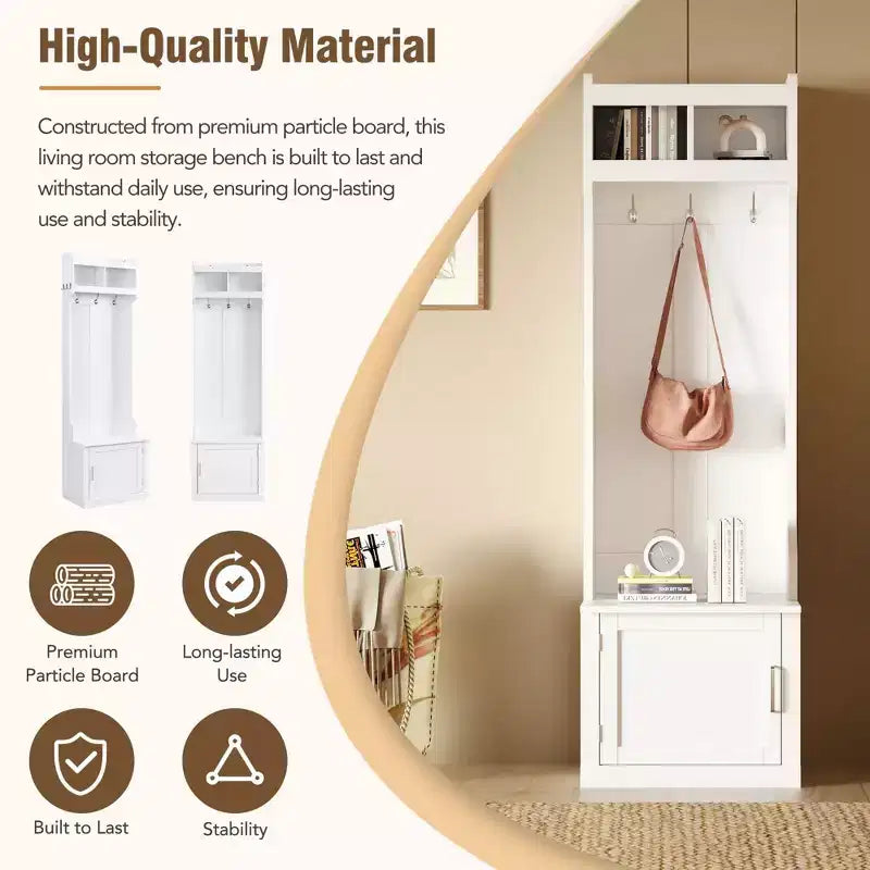 Okak Minimalist Slim Hall Tree with 6 Hanging Hooks and Cabinet, Coat Rack with Storage Bench, Coat Tree for Living Room, Hallway, White