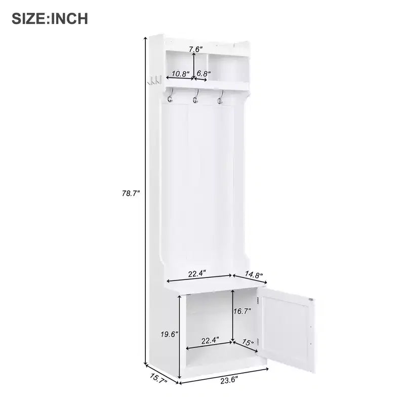 Okak Minimalist Slim Hall Tree with 6 Hanging Hooks and Cabinet, Coat Rack with Storage Bench, Coat Tree for Living Room, Hallway, White
