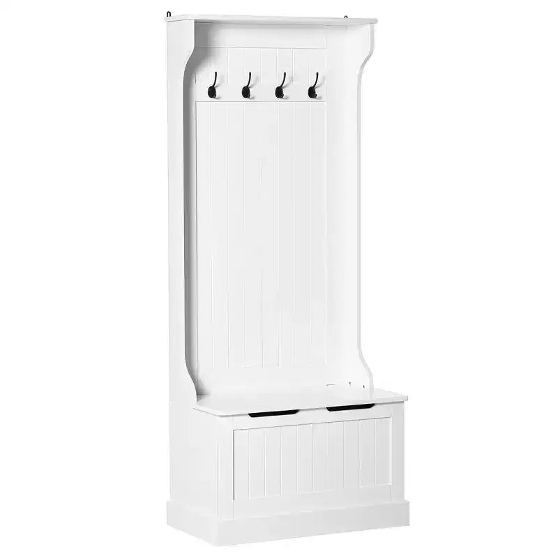 Okak 28IN Entryway Hall Tree with 4 Metal Hooks, Coat Tree with Shoe Storage and Top Door, Freestanding Coat Rack for Living Room, Entryway, White