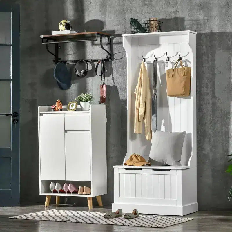 Okak 28IN Entryway Hall Tree with 4 Metal Hooks, Coat Tree with Shoe Storage and Top Door, Freestanding Coat Rack for Living Room, Entryway, White