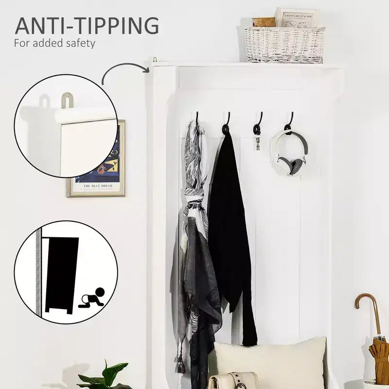 Okak 28IN Entryway Hall Tree with 4 Metal Hooks, Coat Tree with Shoe Storage and Top Door, Freestanding Coat Rack for Living Room, Entryway, White