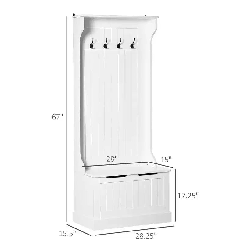 Okak 28IN Entryway Hall Tree with 4 Metal Hooks, Coat Tree with Shoe Storage and Top Door, Freestanding Coat Rack for Living Room, Entryway, White