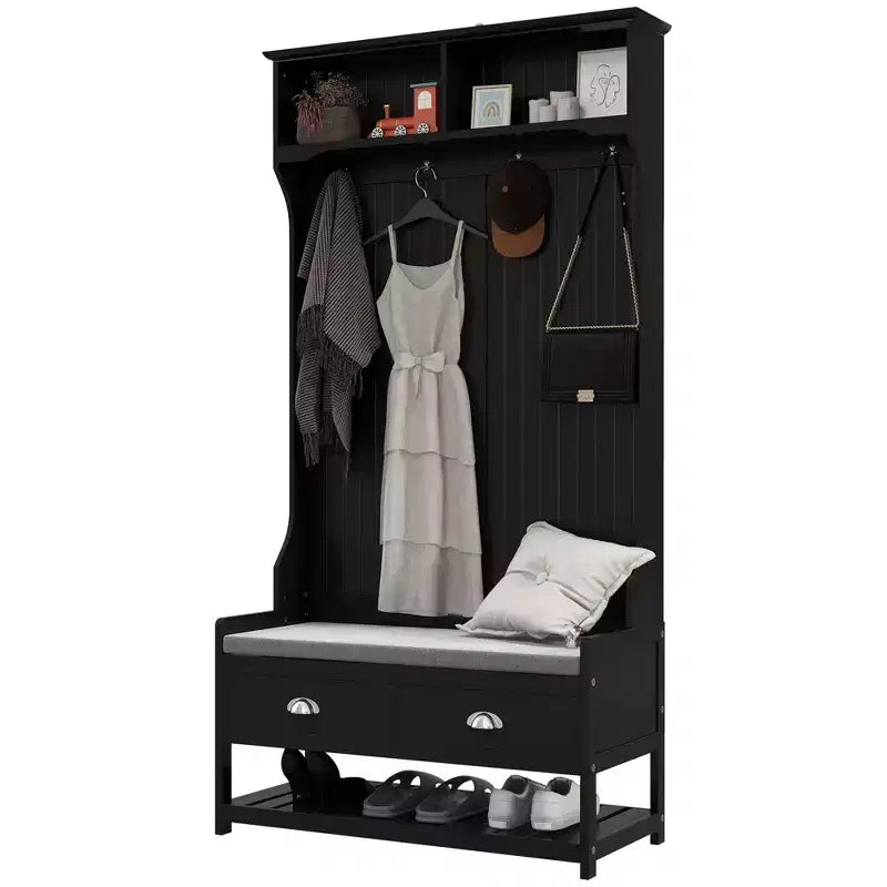 Okak Modern 3-In-1 Hall Tree with Bottom Shelves and 4 Hooks, Coat Rack with 2 Drawers and Padded Seat, Coat Tree for Hallway, Living Room, Black