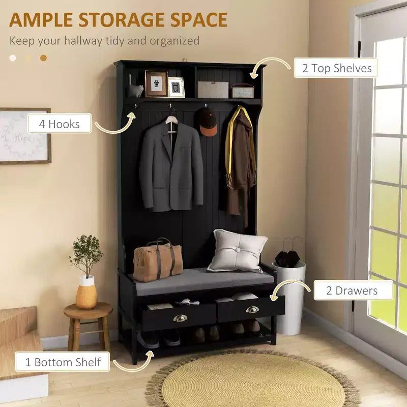 Okak Modern 3-In-1 Hall Tree with Bottom Shelves and 4 Hooks, Coat Rack with 2 Drawers and Padded Seat, Coat Tree for Hallway, Living Room, Black