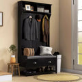 Okak Modern 3-In-1 Hall Tree with Bottom Shelves and 4 Hooks, Coat Rack with 2 Drawers and Padded Seat, Coat Tree for Hallway, Living Room, Black