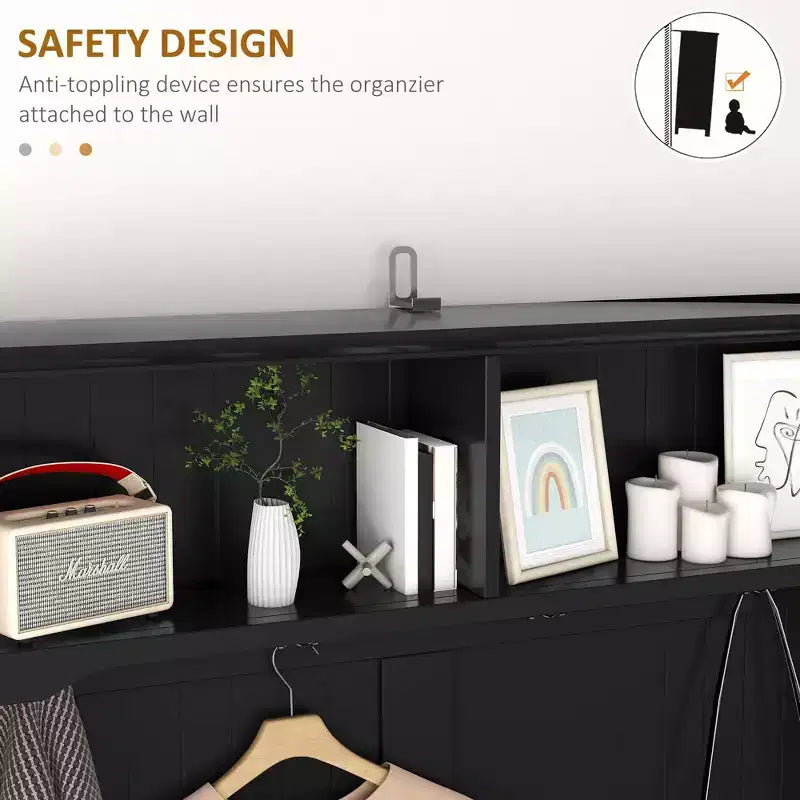 Okak Modern 3-In-1 Hall Tree with Bottom Shelves and 4 Hooks, Coat Rack with 2 Drawers and Padded Seat, Coat Tree for Hallway, Living Room, Black