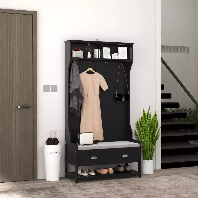 Okak Modern 3-In-1 Hall Tree with Bottom Shelves and 4 Hooks, Coat Rack with 2 Drawers and Padded Seat, Coat Tree for Hallway, Living Room, Black