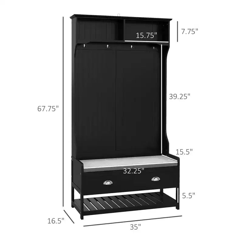 Okak Modern 3-In-1 Hall Tree with Bottom Shelves and 4 Hooks, Coat Rack with 2 Drawers and Padded Seat, Coat Tree for Hallway, Living Room, Black