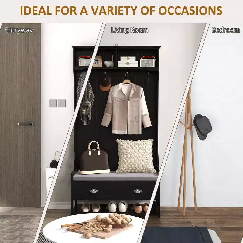 Okak Modern 3-In-1 Hall Tree with Bottom Shelves and 4 Hooks, Coat Rack with 2 Drawers and Padded Seat, Coat Tree for Hallway, Living Room, Black