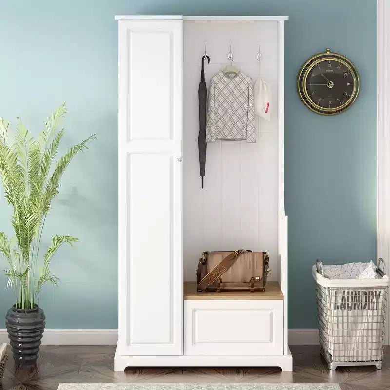 Okak Stylish Hall Tree with Flip-Up Bench, Coat Rack with Shoe Cabinet and Adjustable Shelves, Coat Tree with Hanging Hooks for Entryways, White