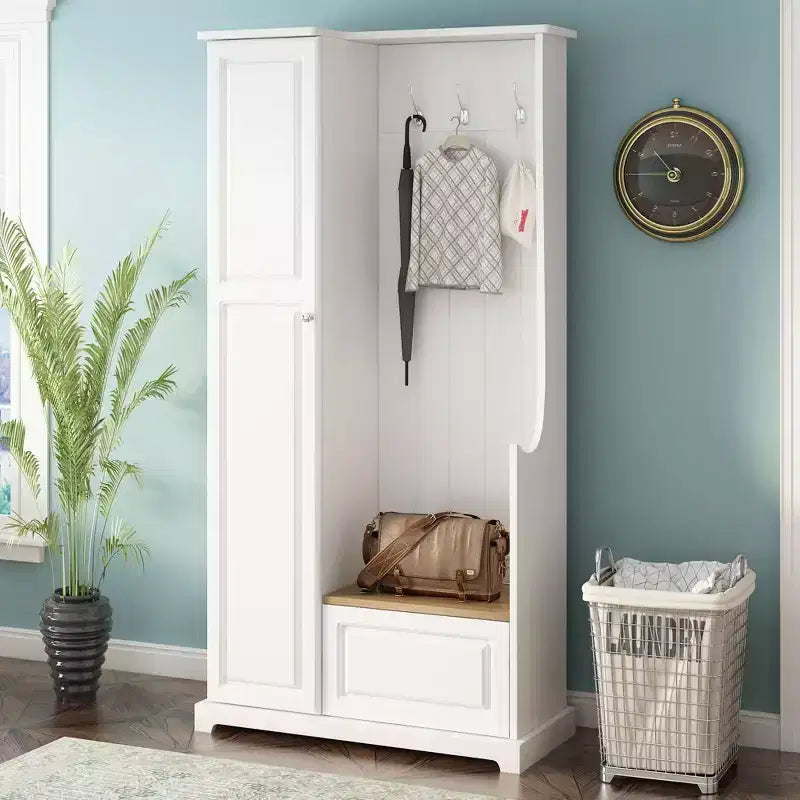Okak Stylish Hall Tree with Flip-Up Bench, Coat Rack with Shoe Cabinet and Adjustable Shelves, Coat Tree with Hanging Hooks for Entryways, White