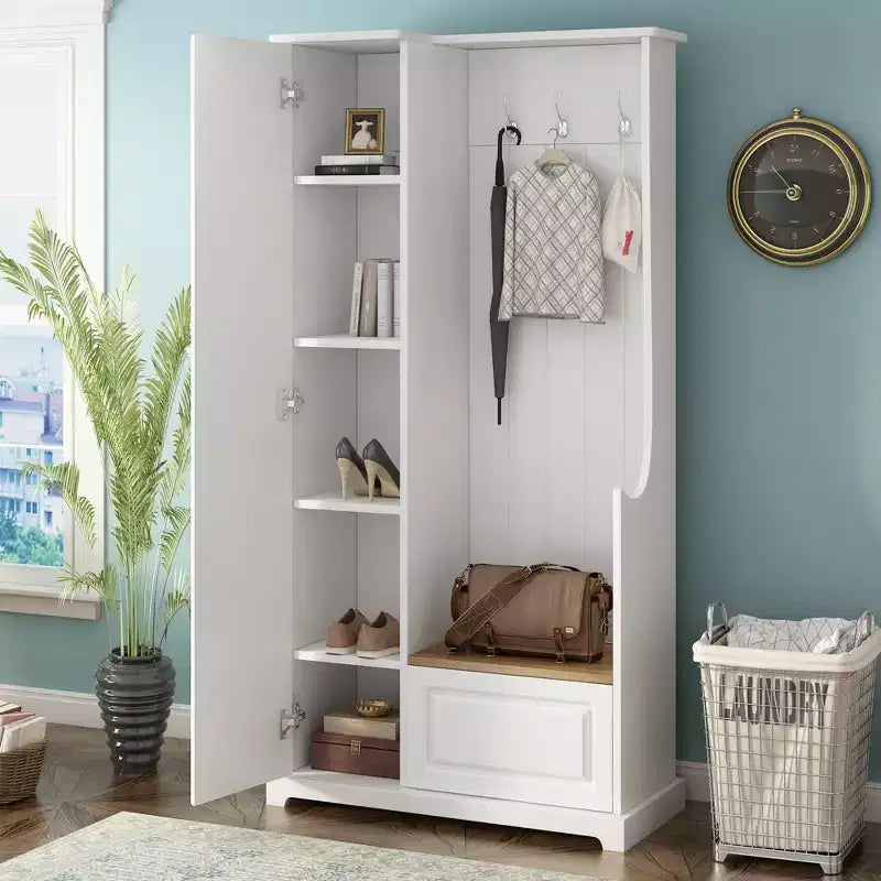 Okak Stylish Hall Tree with Flip-Up Bench, Coat Rack with Shoe Cabinet and Adjustable Shelves, Coat Tree with Hanging Hooks for Entryways, White