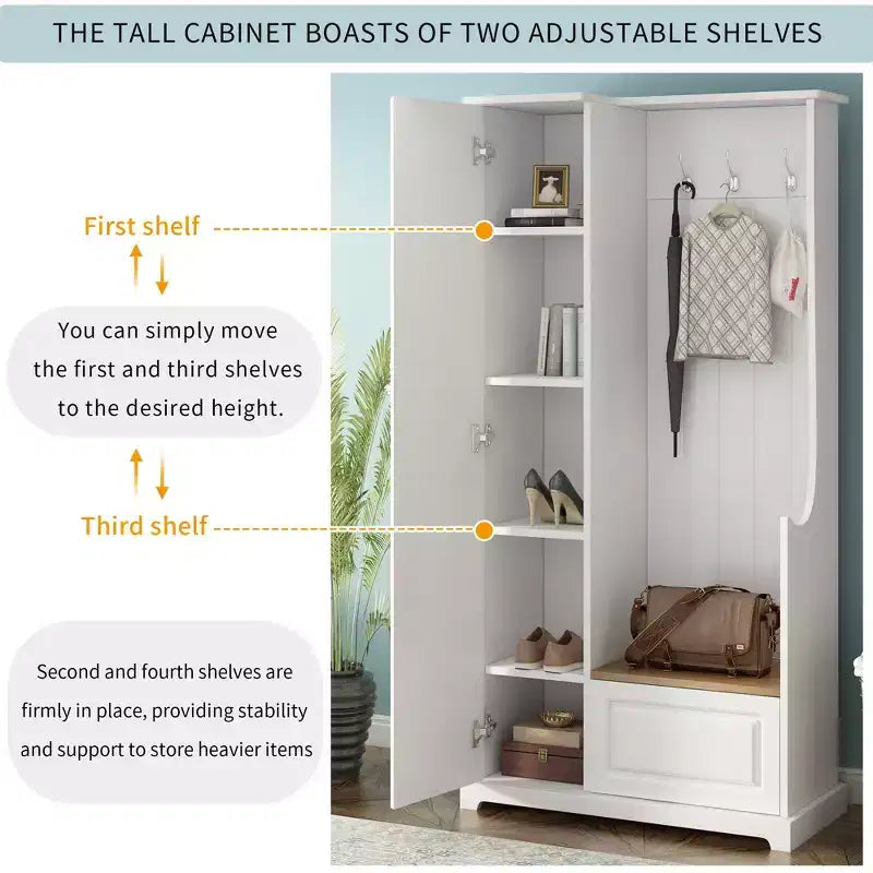 Okak Stylish Hall Tree with Flip-Up Bench, Coat Rack with Shoe Cabinet and Adjustable Shelves, Coat Tree with Hanging Hooks for Entryways, White