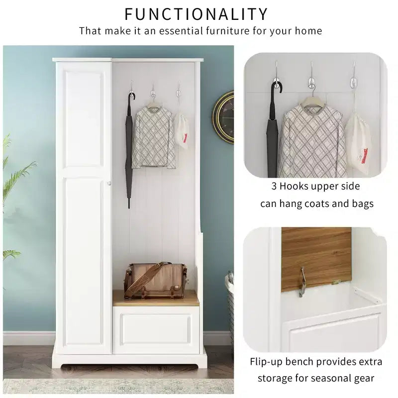 Okak Stylish Hall Tree with Flip-Up Bench, Coat Rack with Shoe Cabinet and Adjustable Shelves, Coat Tree with Hanging Hooks for Entryways, White