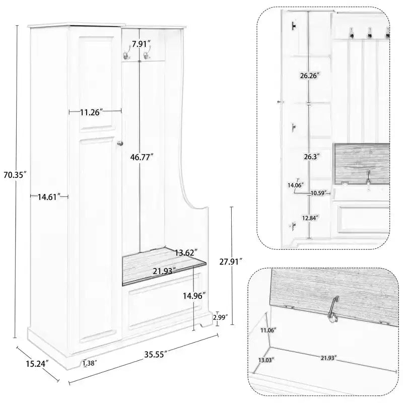 Okak Stylish Hall Tree with Flip-Up Bench, Coat Rack with Shoe Cabinet and Adjustable Shelves, Coat Tree with Hanging Hooks for Entryways, White