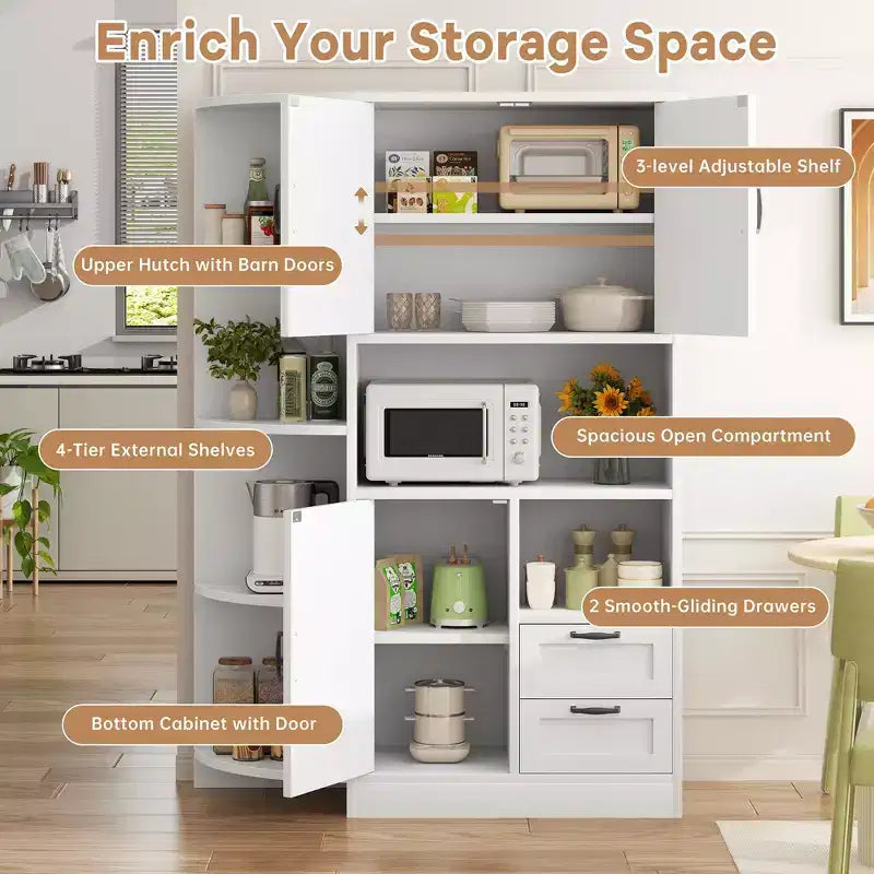 Celebalcony 60.4 Kitchen Pantry Cabinet,kitchen storage with Microwave Stand.Freestanding Hutch with Doors & Shelves for Dining Room