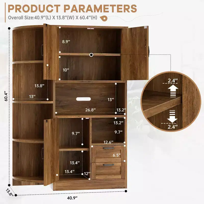 Celebalcony 60.4 Kitchen Pantry Cabinet,kitchen storage with Microwave Stand.Freestanding Hutch with Doors & Shelves for Dining Room