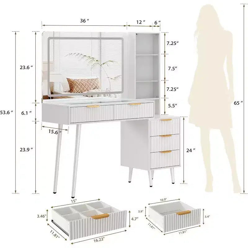 48 Fluted Makeup Vanity Desk with 3-Mode Lights Mirror, Makeup Vanity Glass Top & Power Outlet - Modern Dressing Table for Bedroom