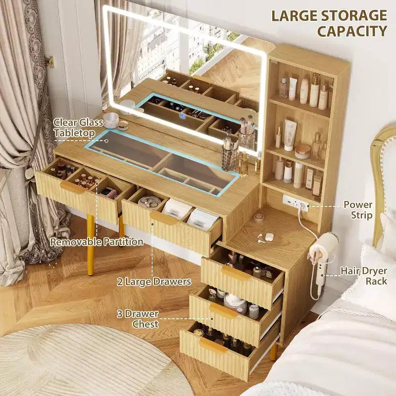 48 Fluted Makeup Vanity Desk with 3-Mode Lights Mirror, Makeup Vanity Glass Top & Power Outlet - Modern Dressing Table for Bedroom