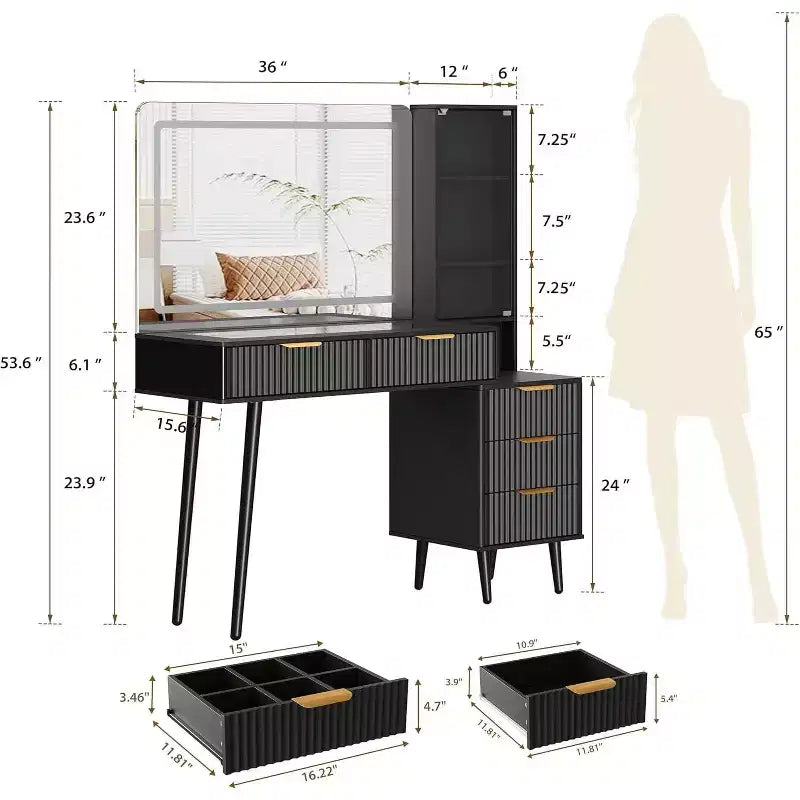 48 Fluted Makeup Vanity Desk with 3-Mode Lights Mirror, Makeup Vanity Glass Top & Power Outlet - Modern Dressing Table for Bedroom