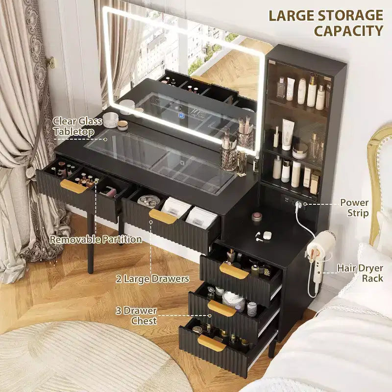 48 Fluted Makeup Vanity Desk with 3-Mode Lights Mirror, Makeup Vanity Glass Top & Power Outlet - Modern Dressing Table for Bedroom
