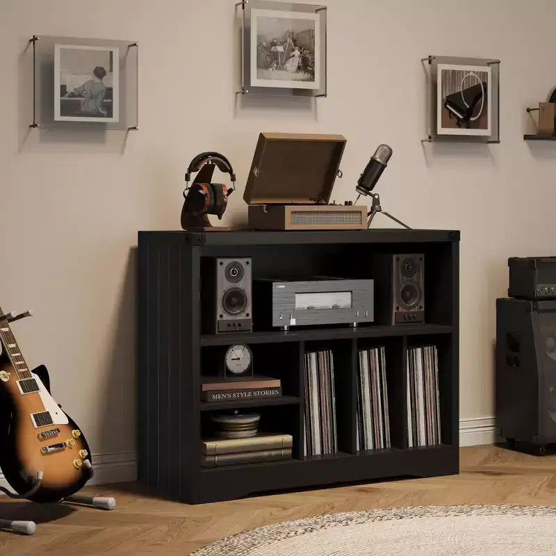 Record Player Stand, Turntable Stand with 6 Vinyl Storage, Vinyl Display Holder Shelf, Wooden Storage Organizer for Living Room, Black