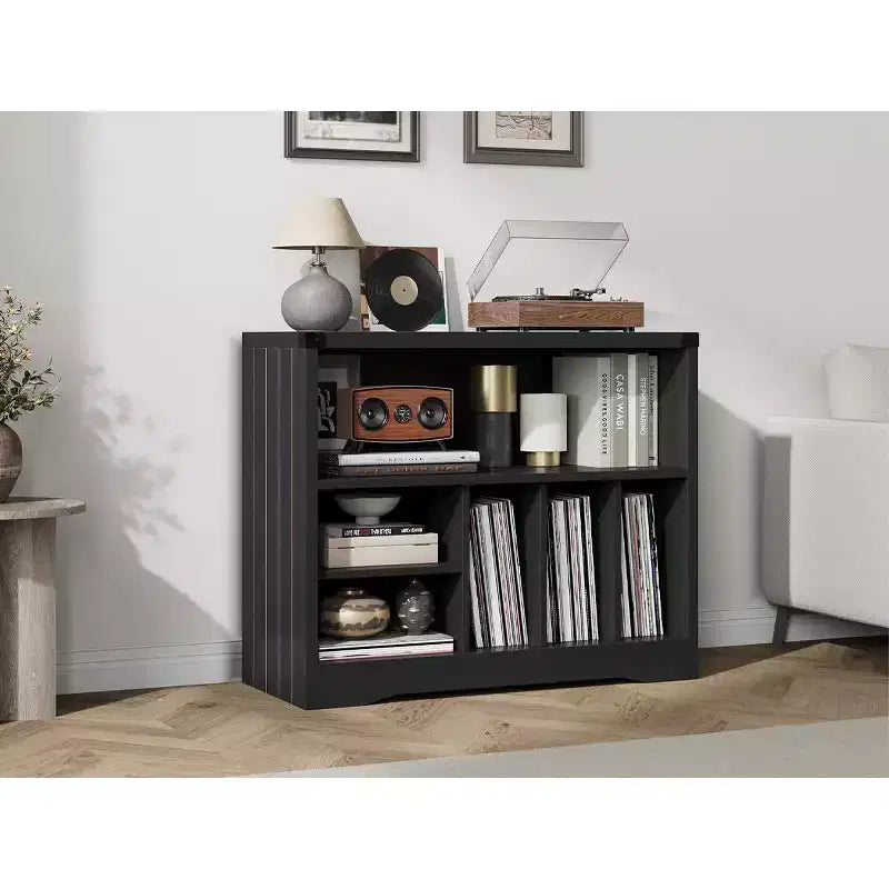 Record Player Stand, Turntable Stand with 6 Vinyl Storage, Vinyl Display Holder Shelf, Wooden Storage Organizer for Living Room, Black