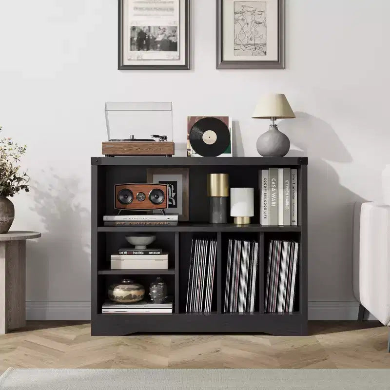 Record Player Stand, Turntable Stand with 6 Vinyl Storage, Vinyl Display Holder Shelf, Wooden Storage Organizer for Living Room, Black
