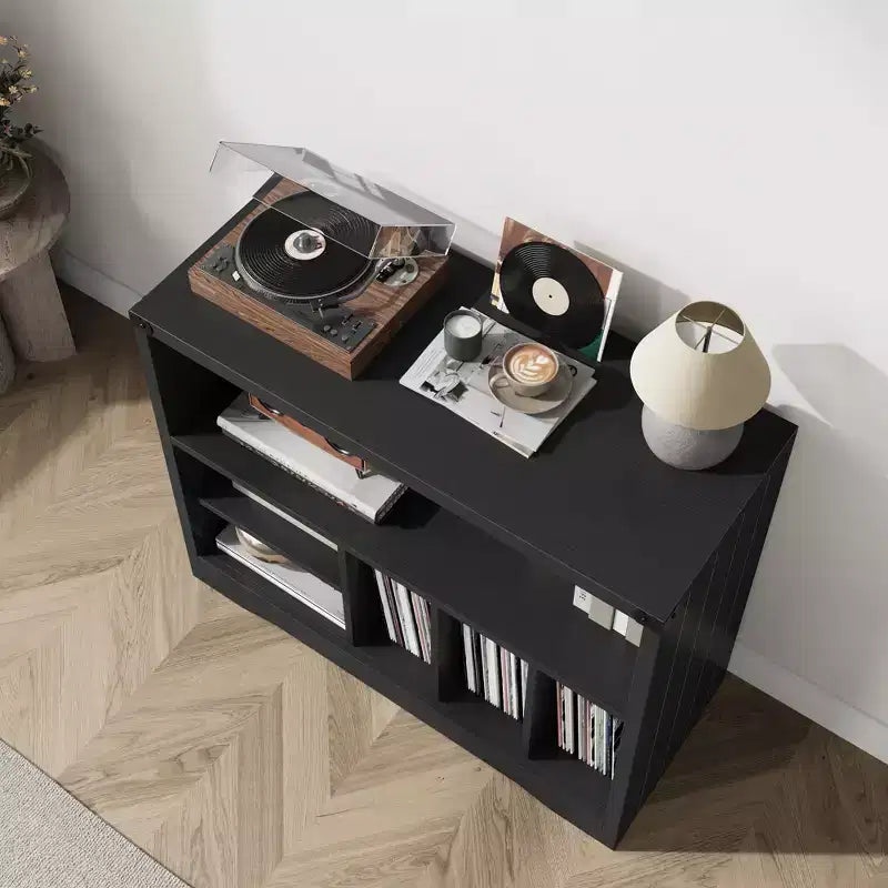Record Player Stand, Turntable Stand with 6 Vinyl Storage, Vinyl Display Holder Shelf, Wooden Storage Organizer for Living Room, Black