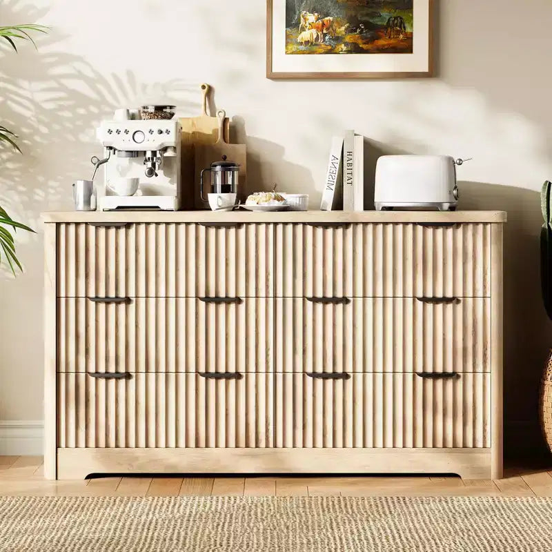 Fluted Dresser with 6 Drawer, Modern Dressers for Bedroom with Wood Top, Sturdy Wooden Dresser & TV Stand, Clothes Storage for Living Room