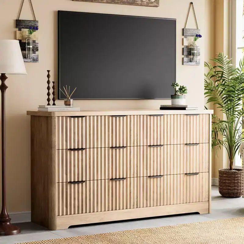 Fluted Dresser with 6 Drawer, Modern Dressers for Bedroom with Wood Top, Sturdy Wooden Dresser & TV Stand, Clothes Storage for Living Room