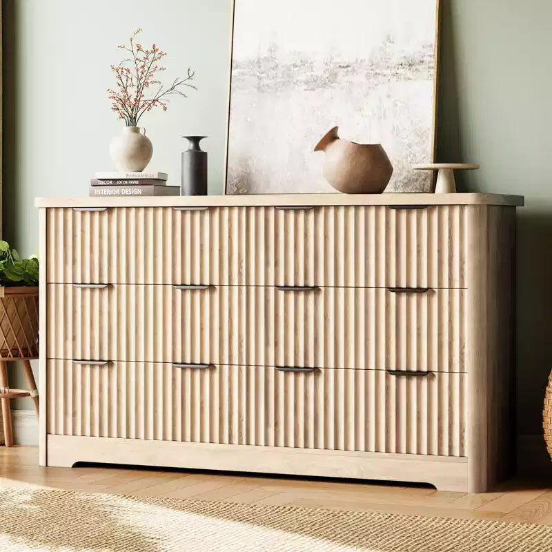 Fluted Dresser with 6 Drawer, Modern Dressers for Bedroom with Wood Top, Sturdy Wooden Dresser & TV Stand, Clothes Storage for Living Room