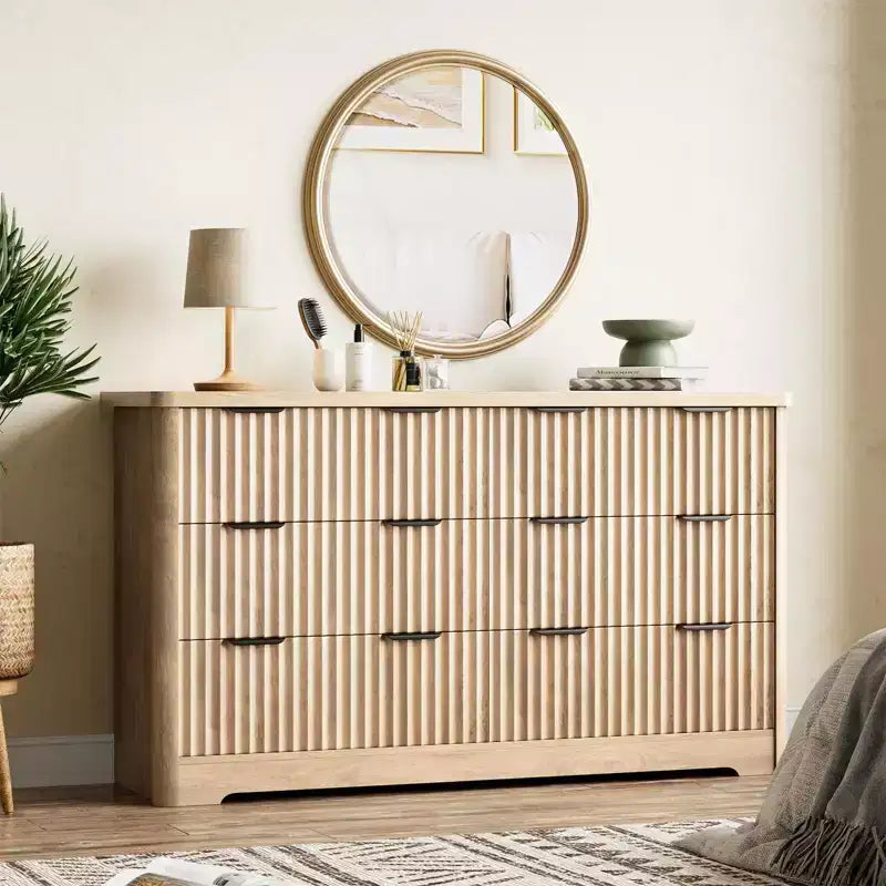Fluted Dresser with 6 Drawer, Modern Dressers for Bedroom with Wood Top, Sturdy Wooden Dresser & TV Stand, Clothes Storage for Living Room