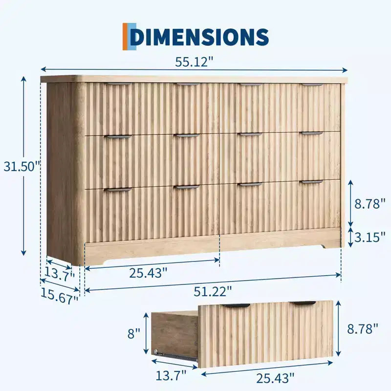 Fluted Dresser with 6 Drawer, Modern Dressers for Bedroom with Wood Top, Sturdy Wooden Dresser & TV Stand, Clothes Storage for Living Room