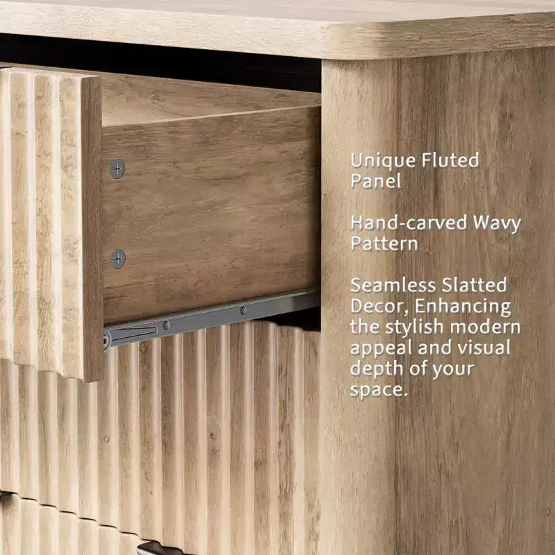 Fluted Dresser with 6 Drawer, Modern Dressers for Bedroom with Wood Top, Sturdy Wooden Dresser & TV Stand, Clothes Storage for Living Room