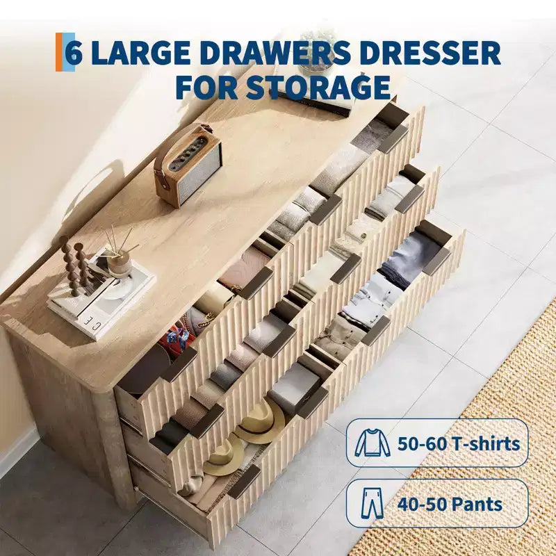 Fluted Dresser with 6 Drawer, Modern Dressers for Bedroom with Wood Top, Sturdy Wooden Dresser & TV Stand, Clothes Storage for Living Room