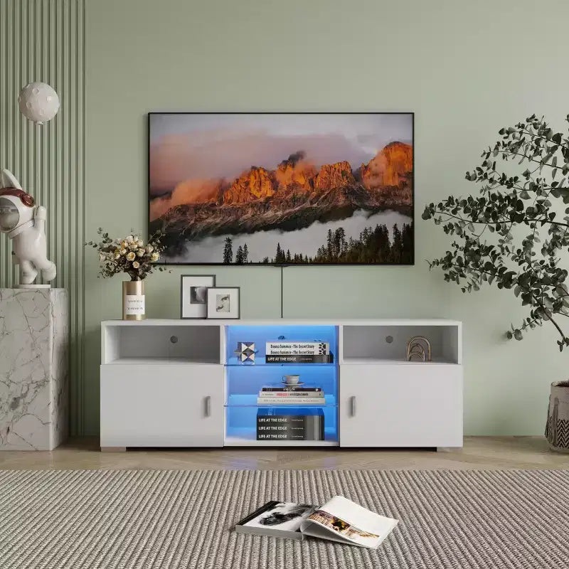 TV Stand, Modern Television Table,High Glossy Entertainment Center With LED Lights, Open Storage Shelves For 32-60 Inch TV Living Room Game Room
