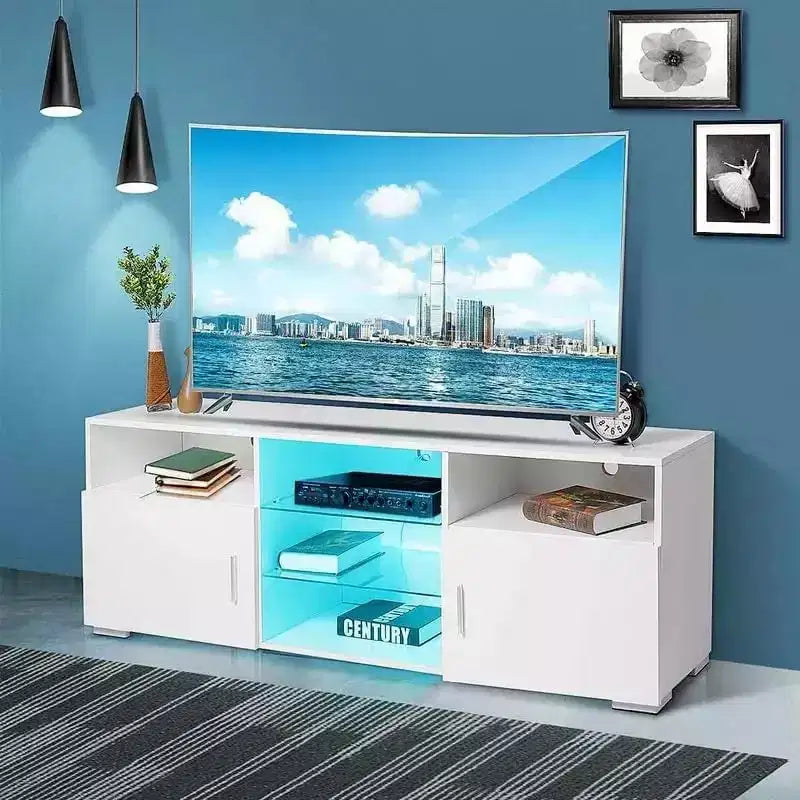 TV Stand, Modern Television Table,High Glossy Entertainment Center With LED Lights, Open Storage Shelves For 32-60 Inch TV Living Room Game Room